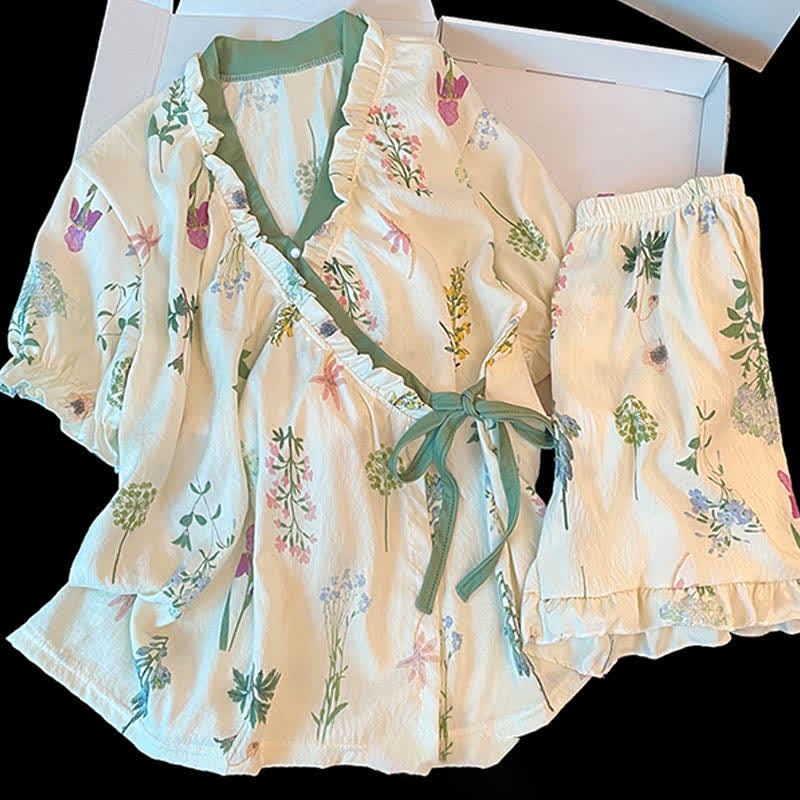Hydrangea Botanical Ruffle Sleeve Pajama Set