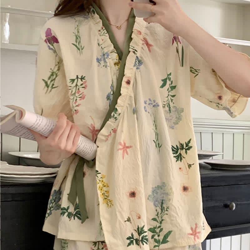 Hydrangea Botanical Ruffle Sleeve Pajama Set