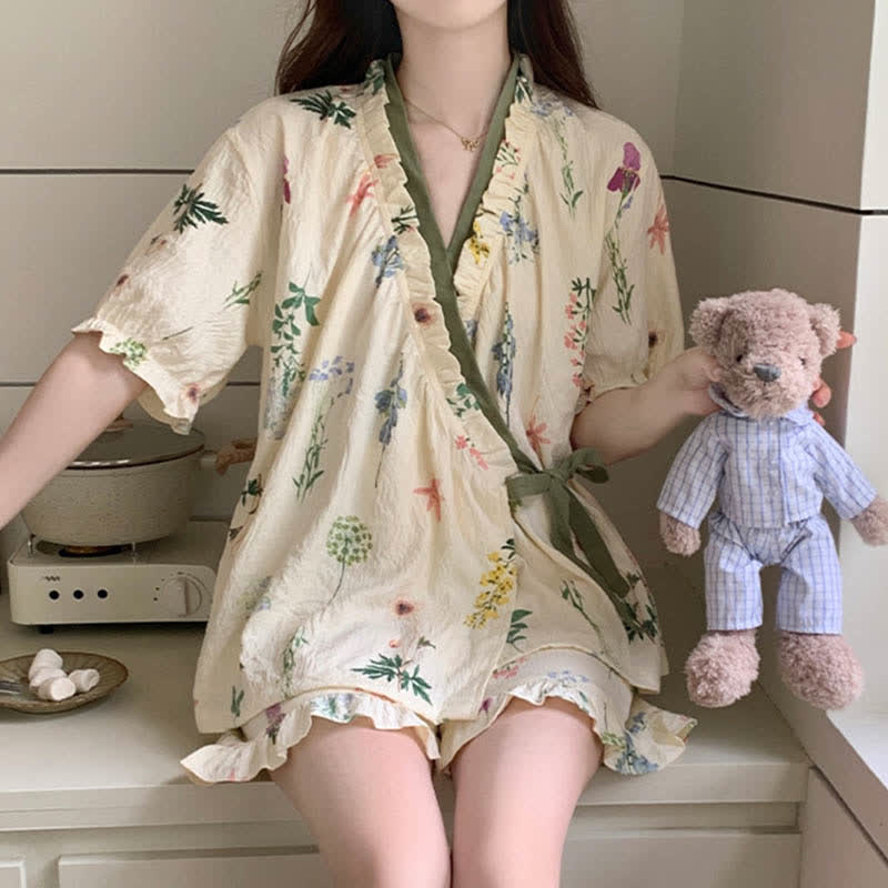 Hydrangea Botanical Ruffle Sleeve Pajama Set