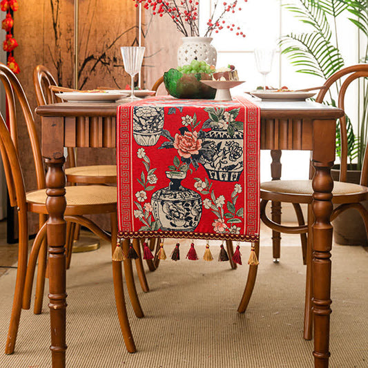 Jacquard Floral Vase Tassel Table Runner