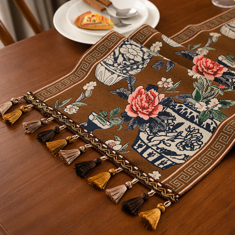 Jacquard Floral Vase Tassel Table Runner
