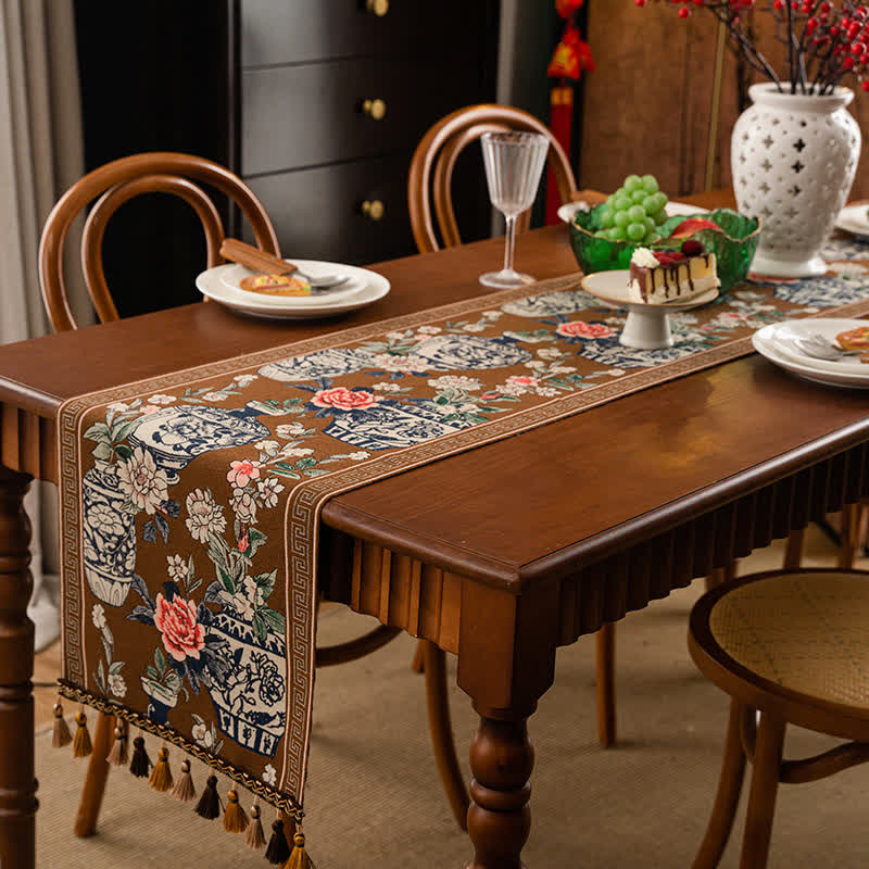 Jacquard Floral Vase Tassel Table Runner