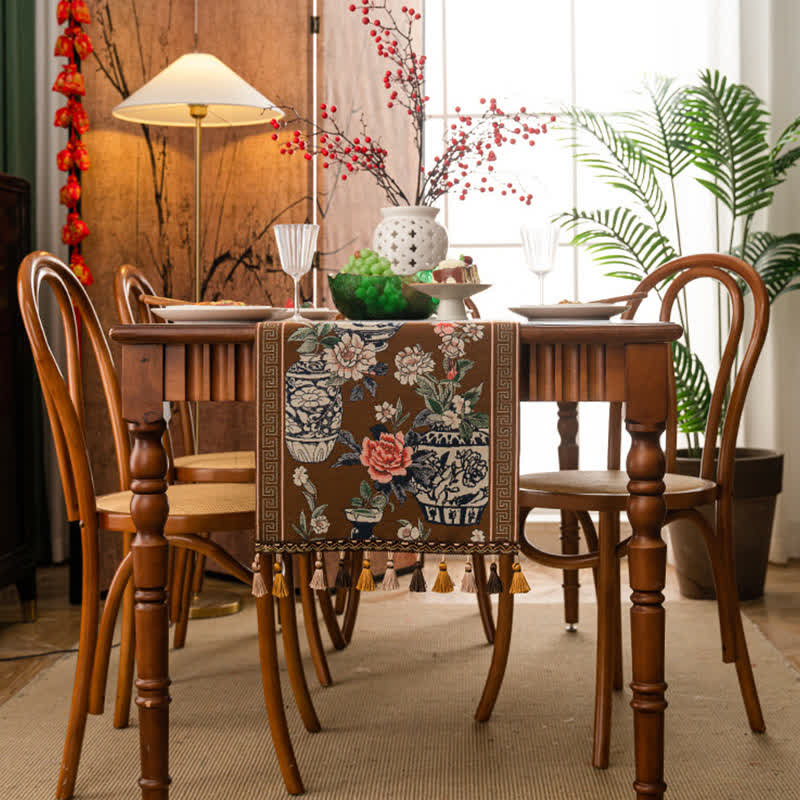 Jacquard Floral Vase Tassel Table Runner