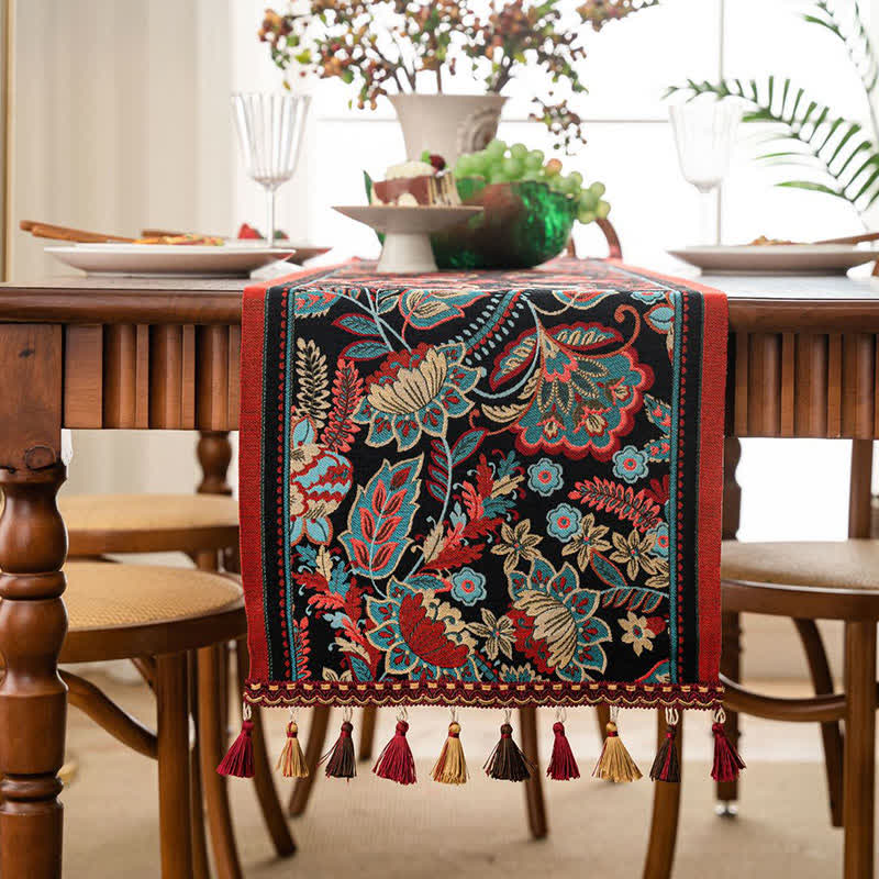 Vintage Tassel Jacquard Floral Table Runner