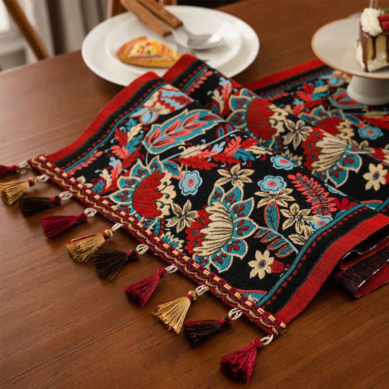 Vintage Tassel Jacquard Floral Table Runner