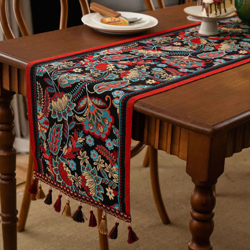 Vintage Tassel Jacquard Floral Table Runner