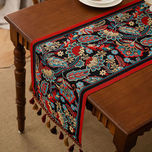 Vintage Tassel Jacquard Floral Table Runner