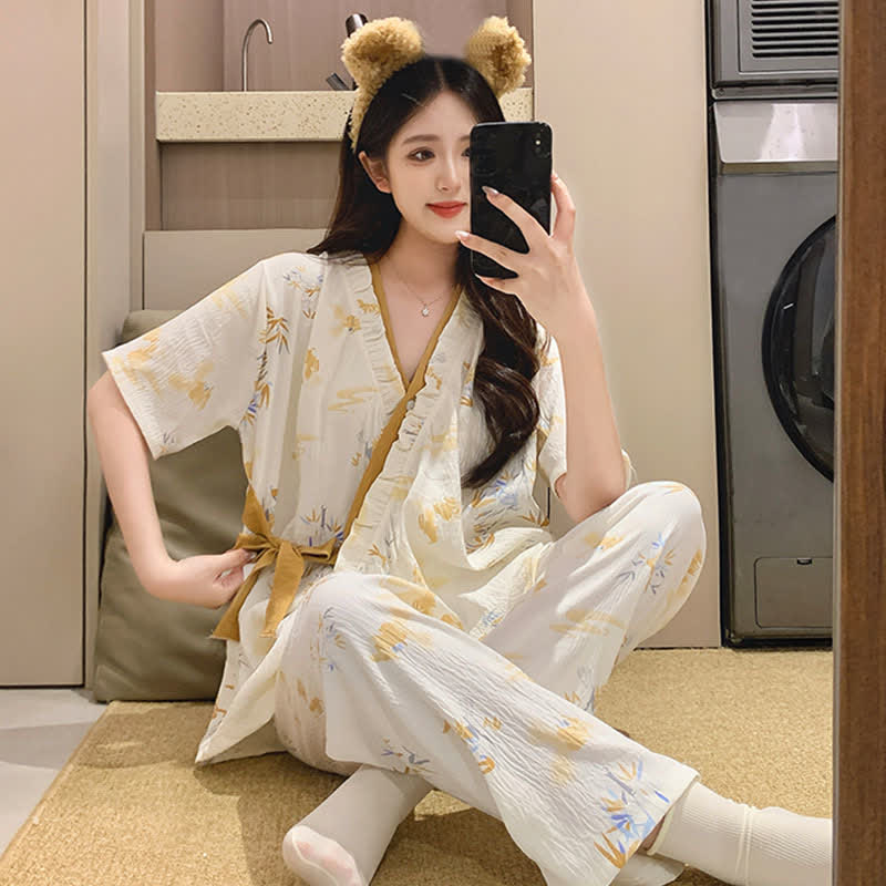 Bamboo Leaf Ruffle Kimono Sleepwear Set