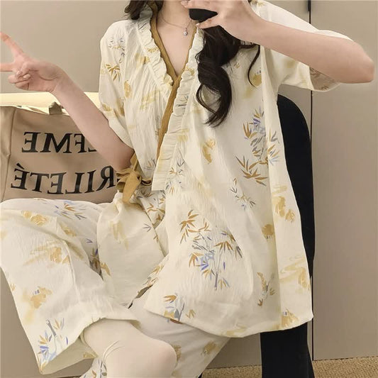 Bamboo Leaf Ruffle Kimono Sleepwear Set