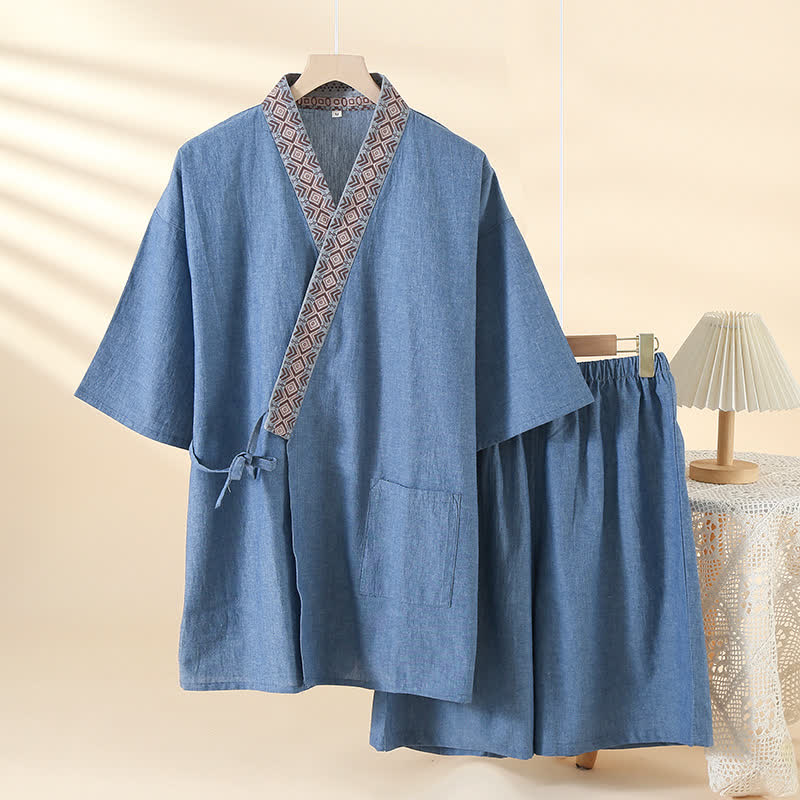 Solid Kimono Pajama with Geometric Collar