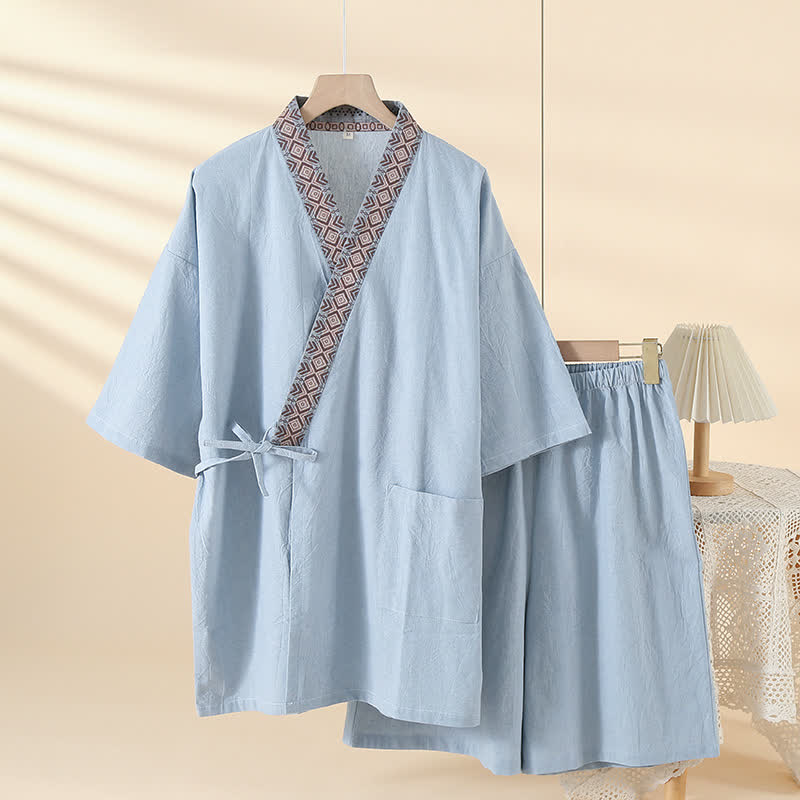 Solid Kimono Pajama with Geometric Collar