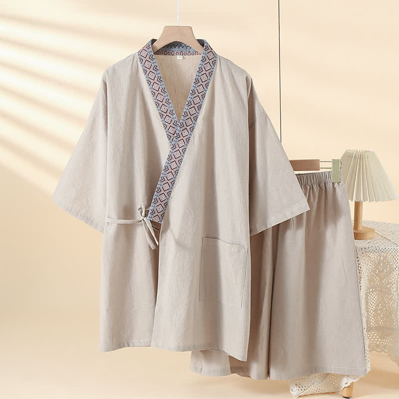Solid Kimono Pajama with Geometric Collar