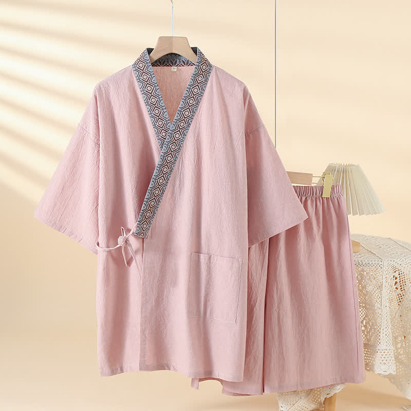 Solid Kimono Pajama with Geometric Collar