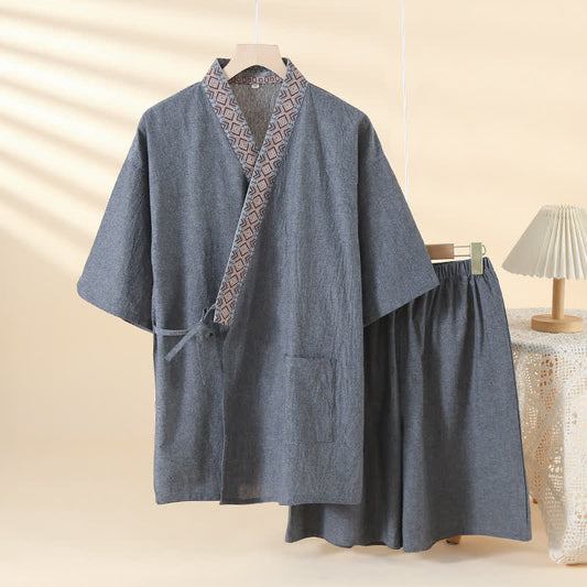 Solid Kimono Pajama with Geometric Collar