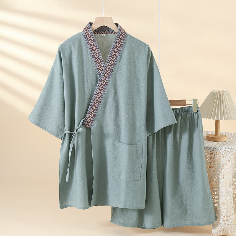 Solid Kimono Pajama with Geometric Collar