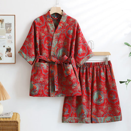 Unisex Oriental Floral Cotton Kimono Loungewear