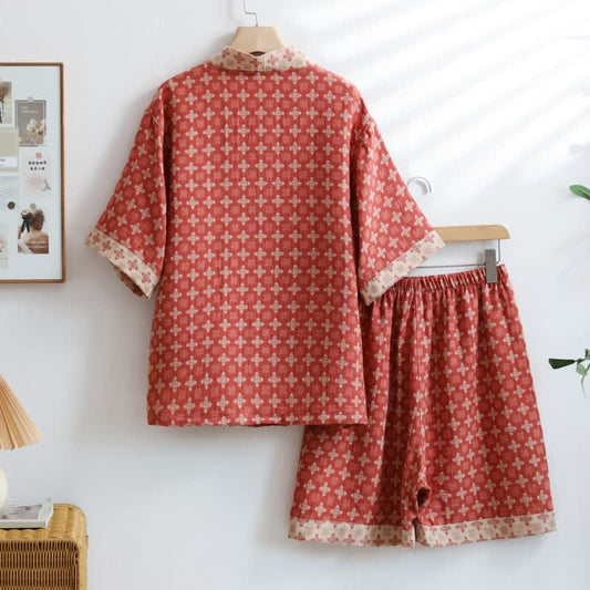 Unisex Red Geometric Cotton Kimono Loungewear