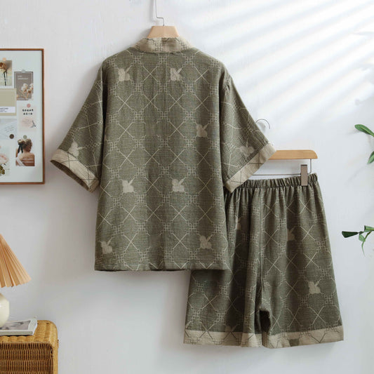 Unisex Green Grid Cotton Kimono Loungewear