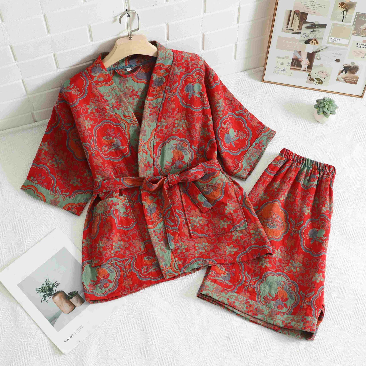 Unisex Oriental Floral Cotton Kimono Loungewear