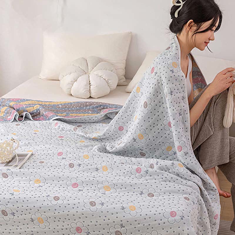 Floral Polka Dot Cotton Reversible Quilt