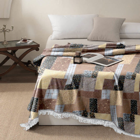 Plaid Patchwork Cotton Muslin Tassel Quilt