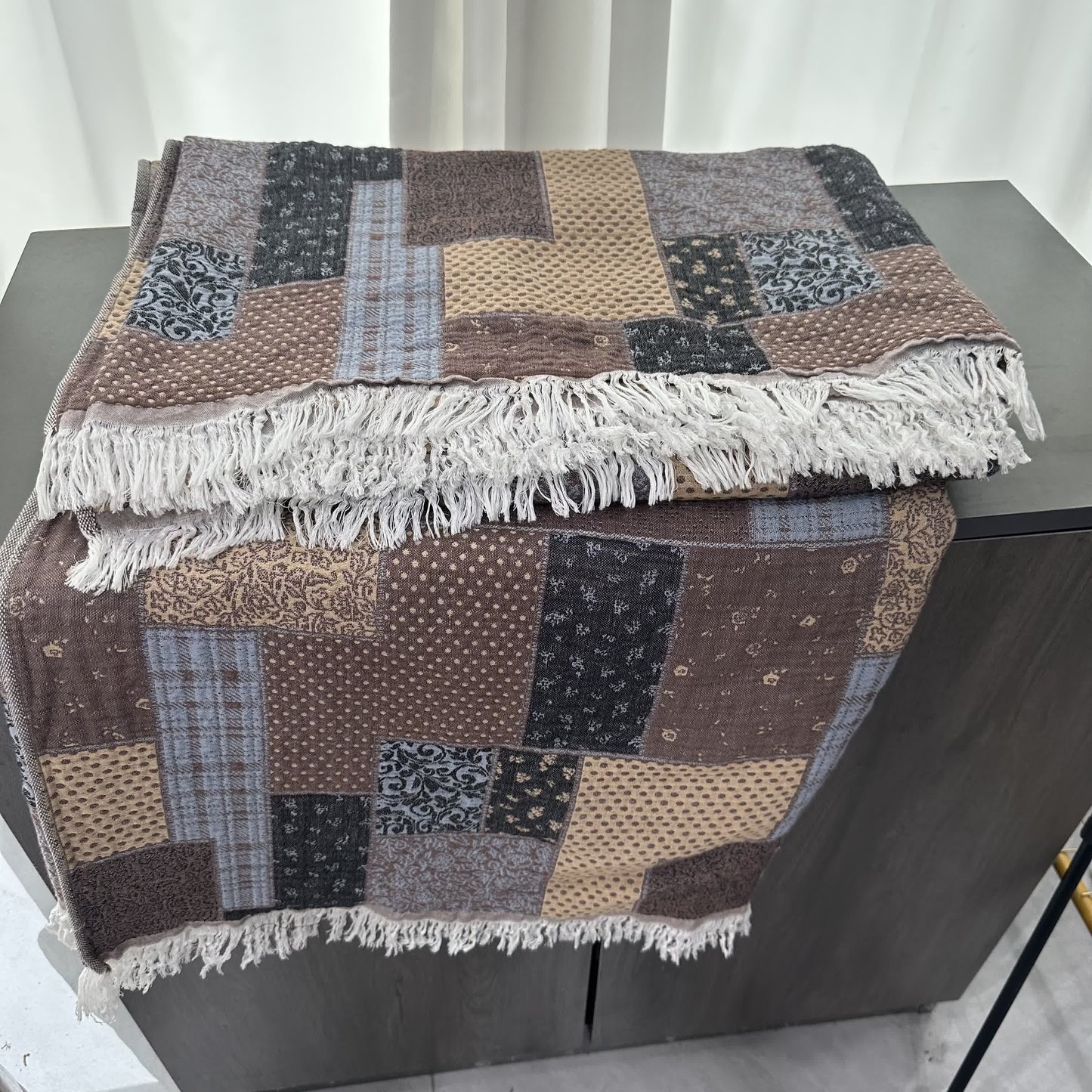 Plaid Patchwork Cotton Muslin Tassel Quilt