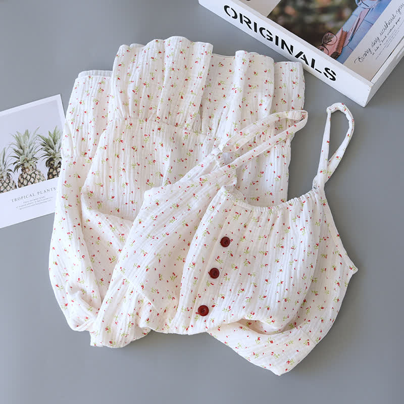Red Floral Cotton Gauze Cami Nightgown