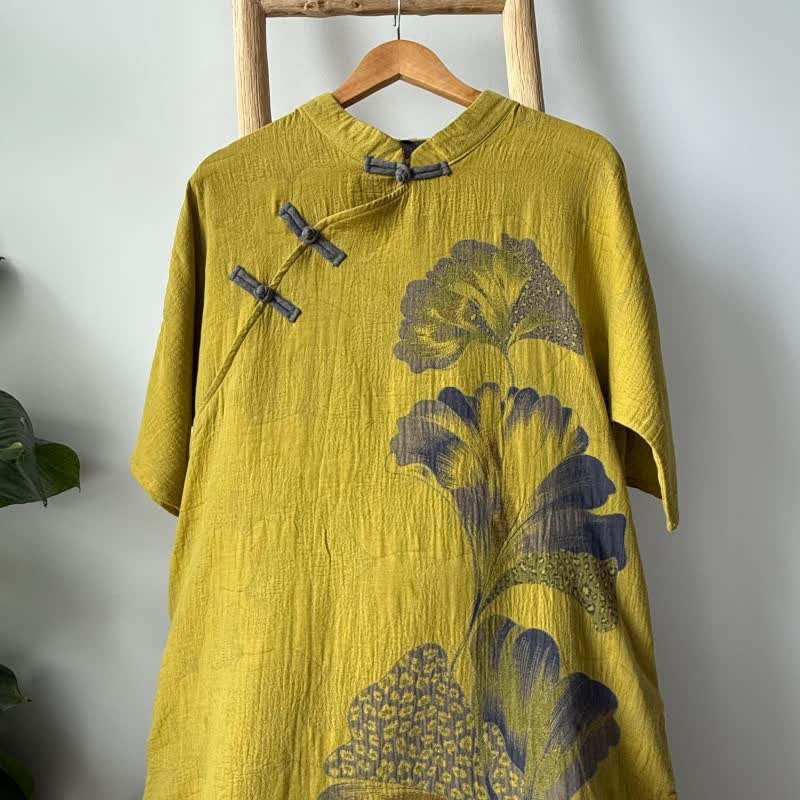 Ginkgo Leaf Print Cotton Cheongsam Nightgown - image 12