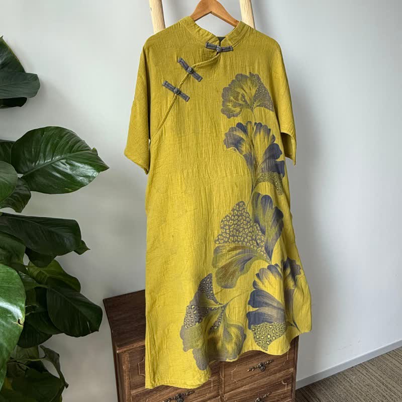 Ginkgo Leaf Print Cotton Cheongsam Nightgown - Yellow - L - image 11