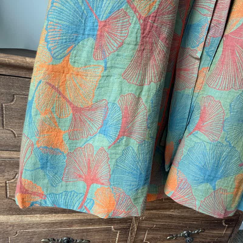 Ginkgo Leaf Print Cotton Kimono Robe