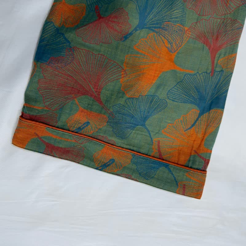 Ginkgo Leaf Print Cotton Kimono Robe
