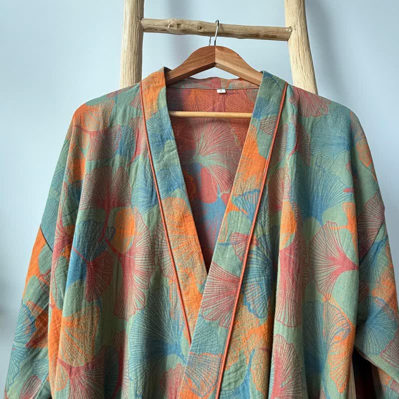 Ginkgo Leaf Print Cotton Kimono Robe