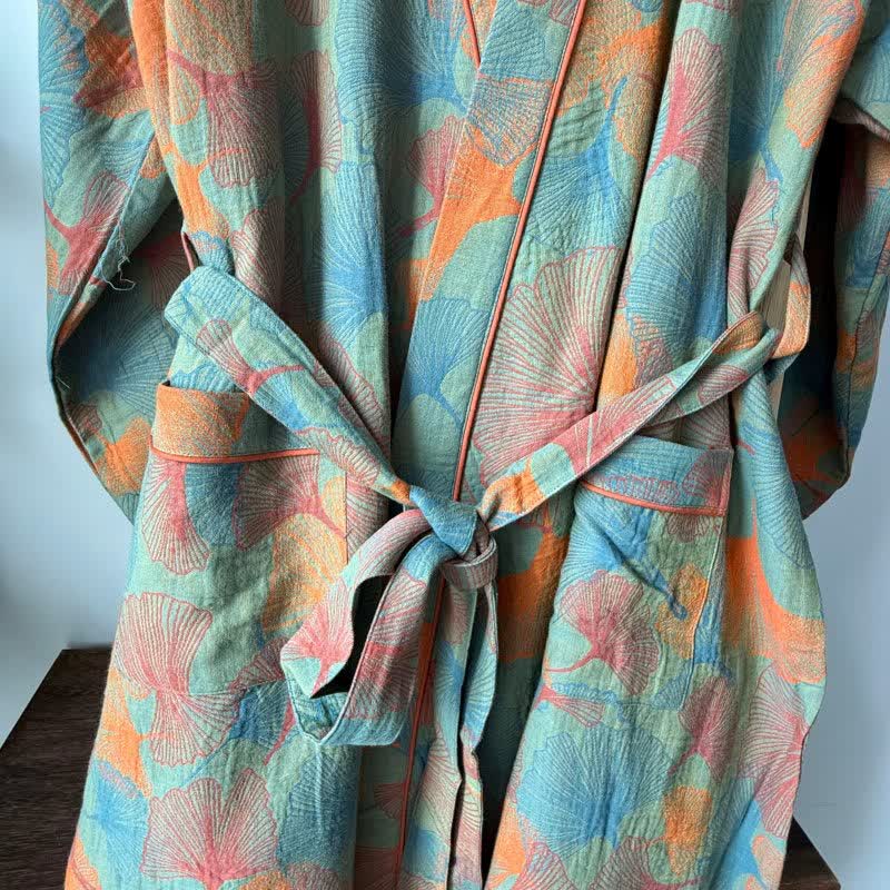 Ginkgo Leaf Print Cotton Kimono Robe