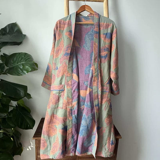 Brown Leaf Print Cotton Kimono Robe