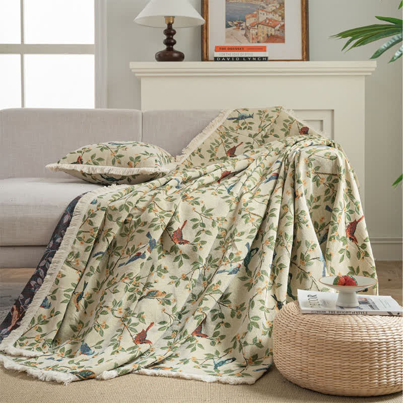 Tassel Floral Bird Soft Sofa Protector