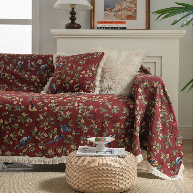 Tassel Floral Bird Soft Sofa Protector