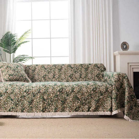 Green Floral Farmhouse Tassel Sofa Protector