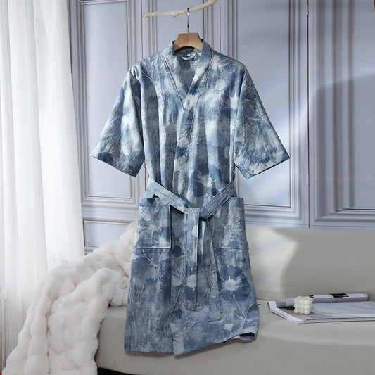 Unisex Blue Floral Cotton Gauze Bathrobe