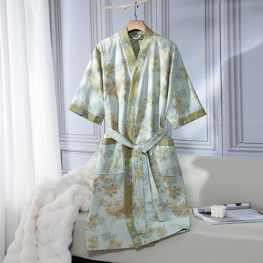 Unisex Peach Blossom Cotton Gauze Bathrobe