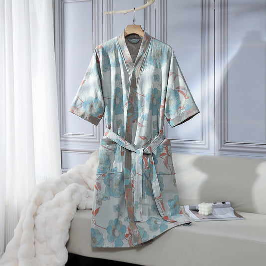 Unisex Blue Peony Cotton Gauze Bathrobe