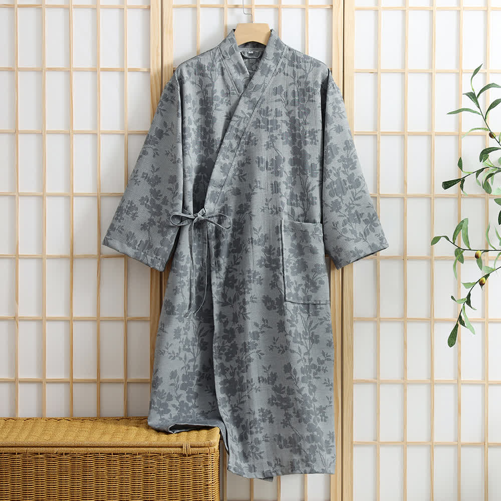Subtle Floral Kimono Robe with Pocket