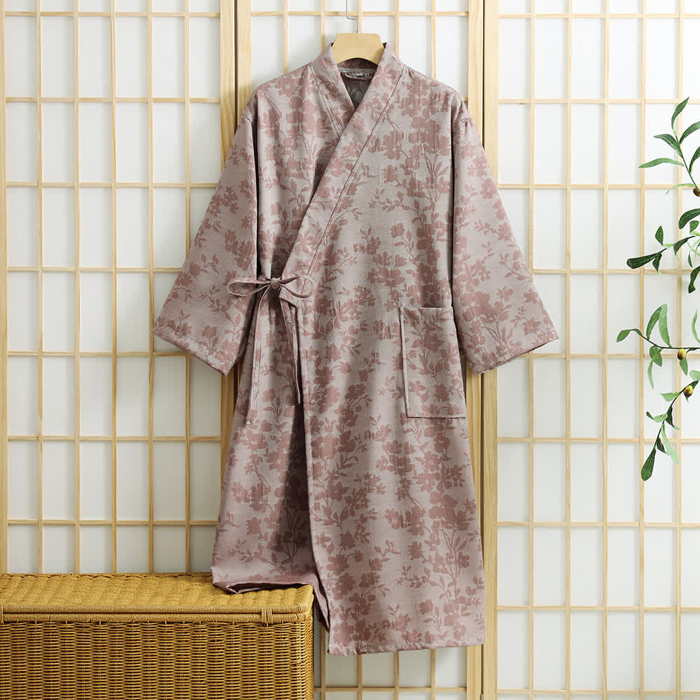 Subtle Floral Kimono Robe with Pocket