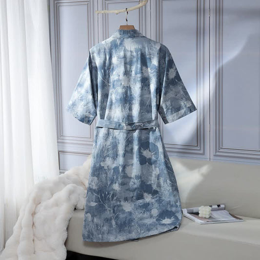 Unisex Blue Floral Cotton Gauze Bathrobe