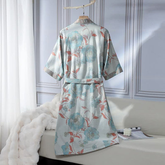 Unisex Blue Peony Cotton Gauze Bathrobe