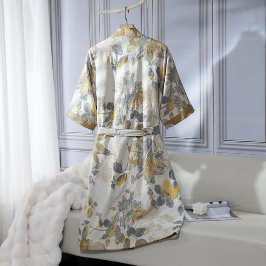 Unisex Yellow Floral Cotton Gauze Bathrobe
