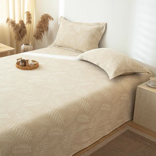 Beige Botanical Textured Cotton Linen Bedspread