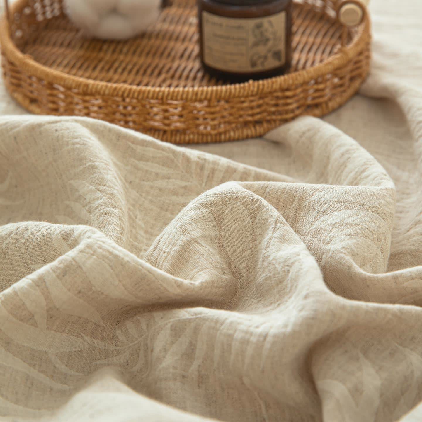 Beige Botanical Textured Cotton Linen Bedspread