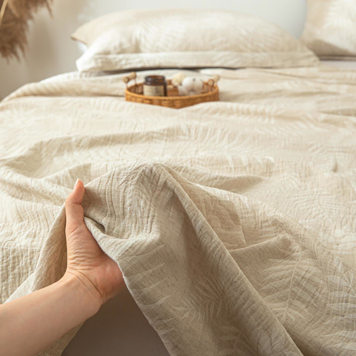 Beige Botanical Textured Cotton Linen Bedspread