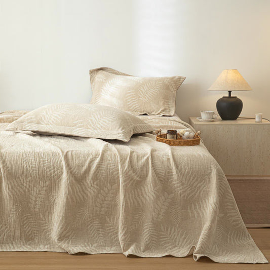 Beige Botanical Textured Cotton Linen Bedspread
