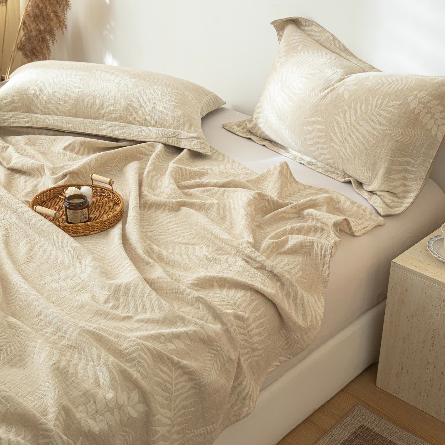 Beige Botanical Textured Cotton Linen Bedspread